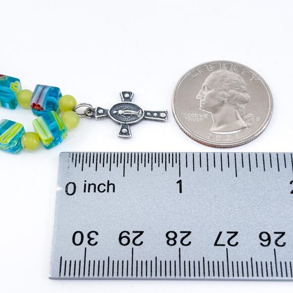 Vintage Sterling Silver 925 Millefiori Glass Bead Cross Charm Bracelet 7.25" - Picture 3 of 8